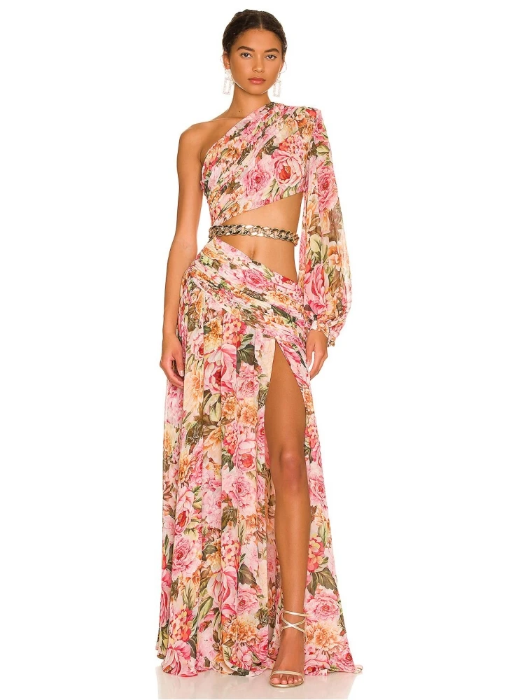 Robe longue de soirée à imprimé Floral, asymétrique épaule dénudée, col Diagonal, manches longues, ajouré - 110825/1113 – Image 2