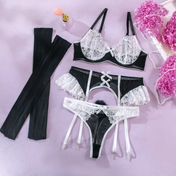 Ensemble de lingerie sexy en dentelle, nœud papillon, à lacets, maille patchwork, soutien-gorge transparent, ensembles de culottes, 5 pièces - à-à_é(:éà"& – Image 6