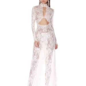 Robe longue en dentelle, col rond, Design découpé, manches longues, fente haute - 120825/0932
