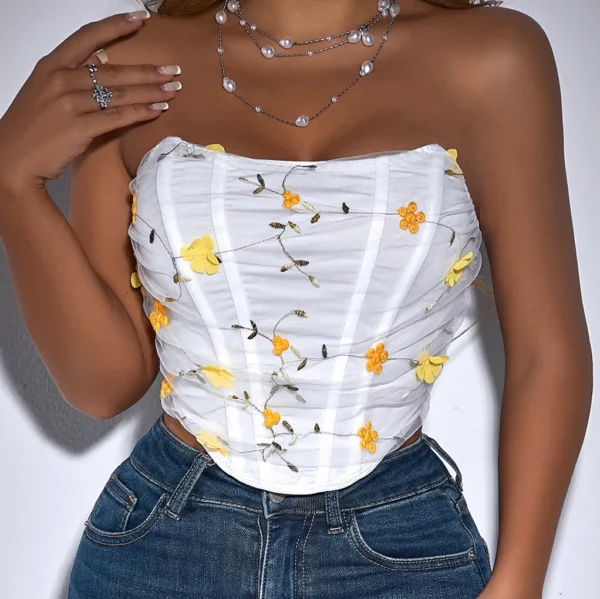 Bustier en maille sans bretelles, broderie florale vintage, dos nu - 030825/1201 – Image 3