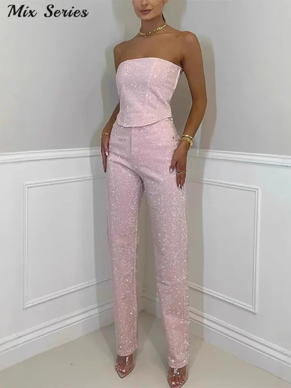 Ensemble gilet et pantalon à paillettes, Sexy, slim, sans bretelles, taille haute, pantalon Long - 030825/2134 – Image 2