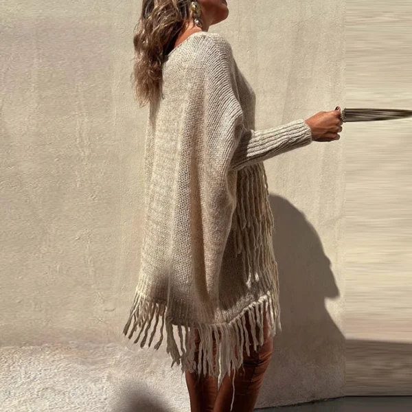 Pull Vintage à Manches sulfet Poches avec Pompon, Col en V,  Décontractée - 070825/2243 – Image 2