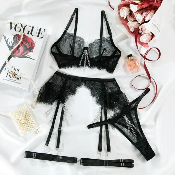 Ensemble de soutien-gorge transparent, lingerie sexy, dentelle , porte-jarretelle en maille - 060825/2036 – Image 4