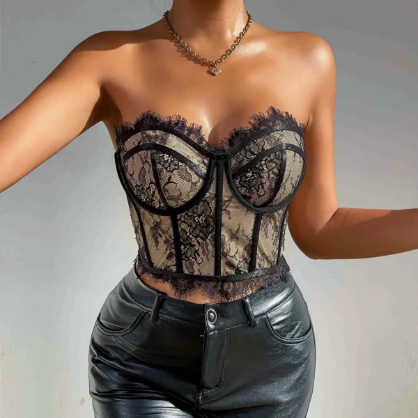Corset en Dentelle Florale Vintage, Haut Court Noir, Broderie en Dentelle, sans bretelles - 030825/1846 – Image 5