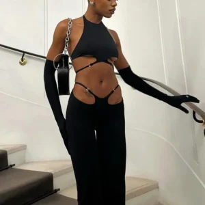 Ensemble 2 pièces sexy, pantalon taille haute, hipster, licou, dos nu - 050825/2157