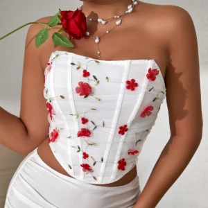 Bustier en maille sans bretelles, broderie florale vintage, dos nu - 030825/1201