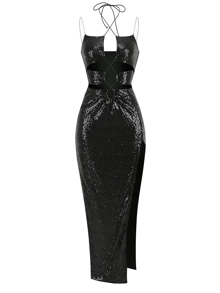 Robe à Paillettes Noires, Tenue Sexy, Élégante, Dos aux, à Lacets, Fente Haute Latérale - 110825/1124 – Image 5
