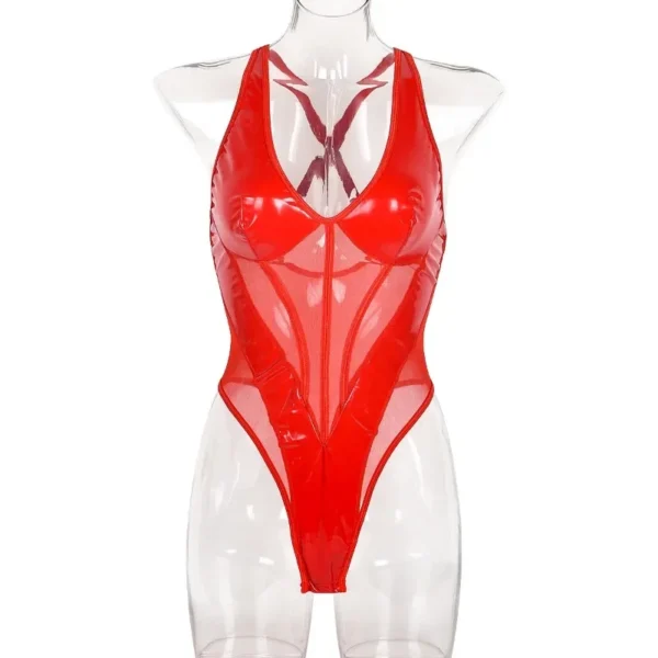 Combinaison Sexy à col en v, avec cuir verni réfléchissant PU, maille transparente, couleur unie, body à bretelles - 060825/2035 – Image 6