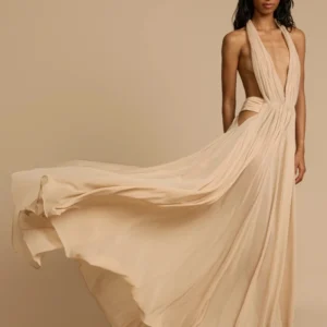 Robe longue plissée, Sexy, décolleté en V profond, dos nu, sans manches, col licou - 120825/0944