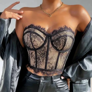 Corset en Dentelle Florale Vintage, Haut Court Noir, Broderie en Dentelle, sans bretelles - 030825/1846