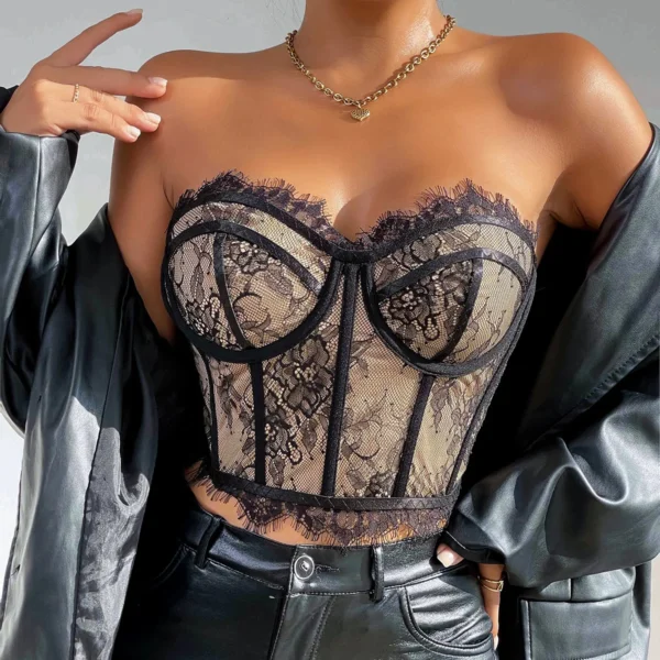Corset en Dentelle Florale Vintage, Haut Court Noir, Broderie en Dentelle, sans bretelles - 030825/1846