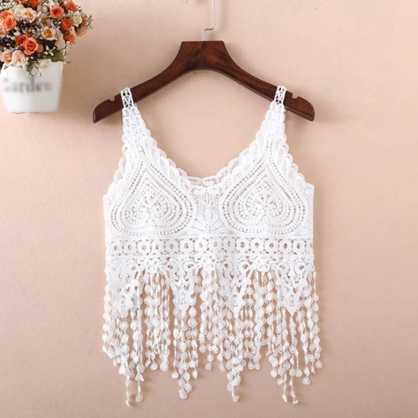 Crop top crocheté, haut en tricot, dentelle cœur - 030825/1957