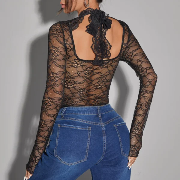 Bustier en dentelle transparente, sexy, haut court, t-shirt élégant à col licou et nœud, chemisier à manches longues - 030825/1021 – Image 6